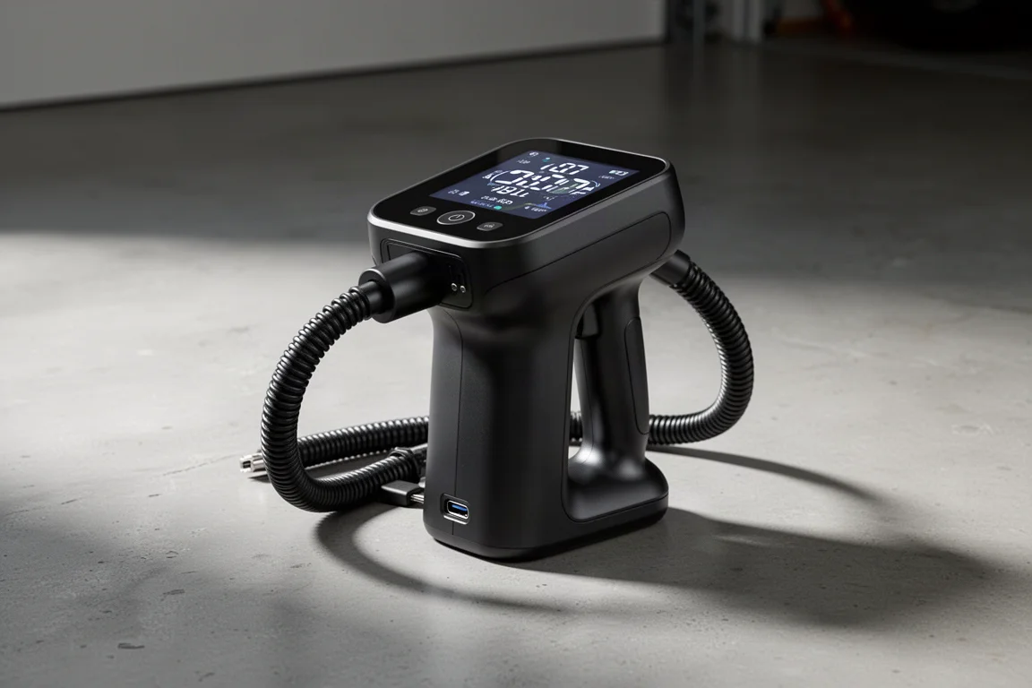 Inflador de pneus sem fio compacto Gooloo GT150 com display digital sobre concreto