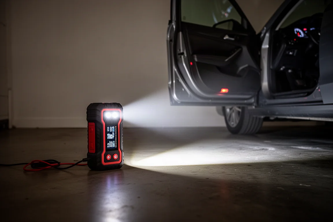 Lampa urządzenia rozruchowego rzucająca jasny strumień światła na podłogę garażu nocą