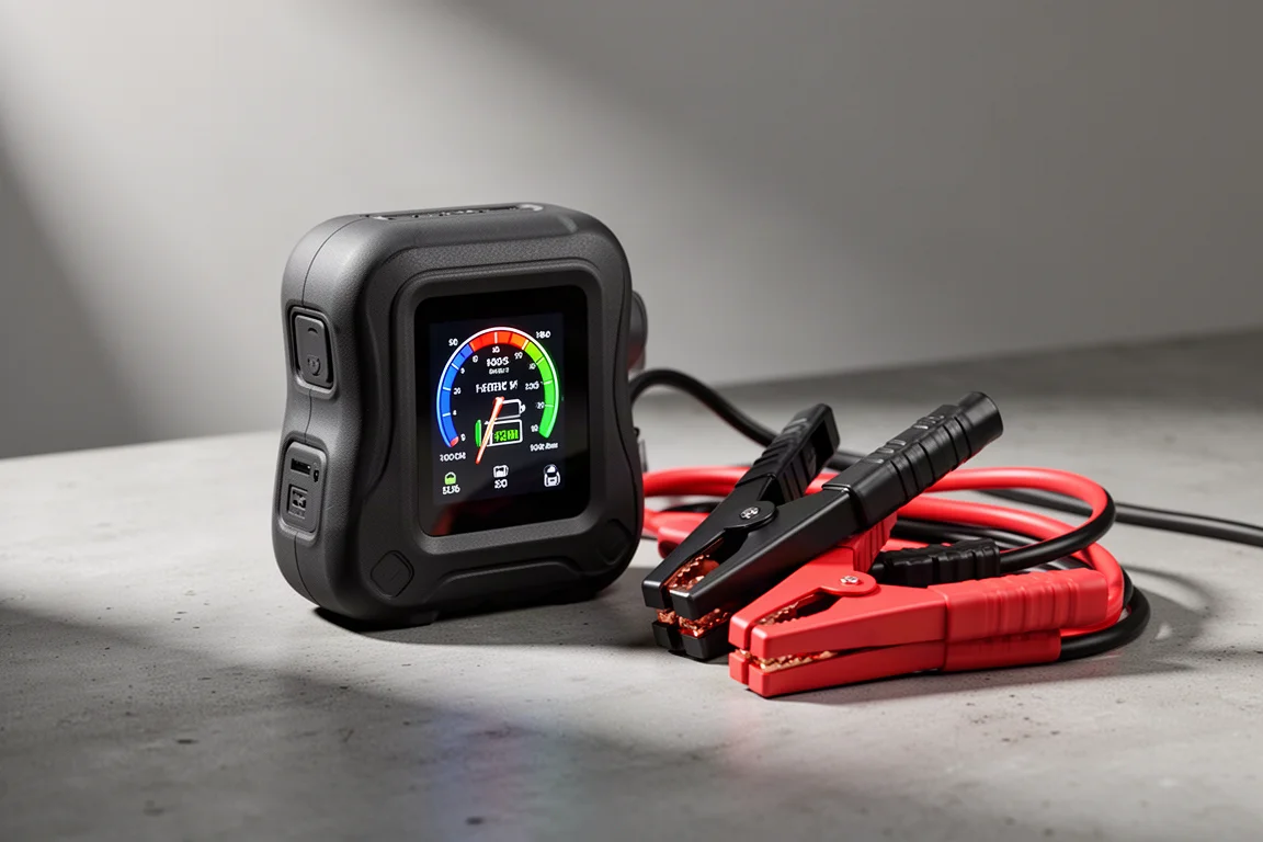 Compact matte black jump starter with display and jumper clamps on concrete