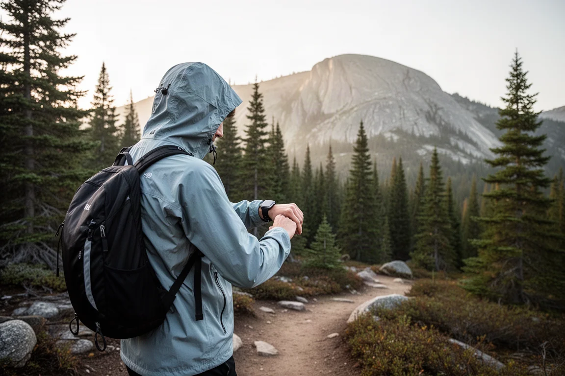 Hiker at a mountain trail junction checking a smartwatch in morning light