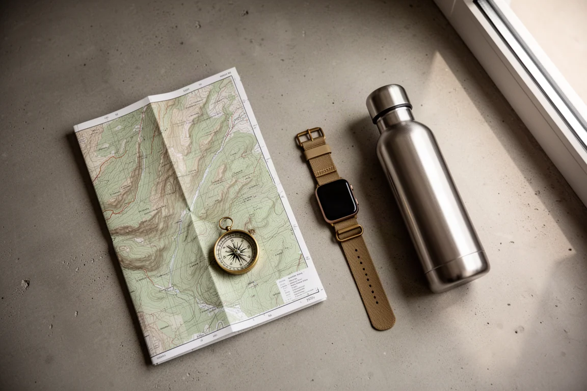 Overhead flat-lay of a paper map, compass, smartwatch and water bottle on concrete