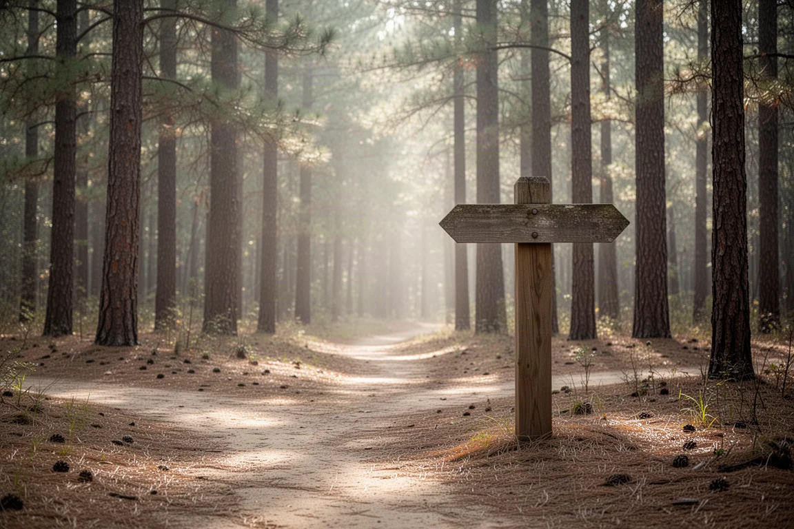 Dirt trail junction with a wooden signpost in a pine forest