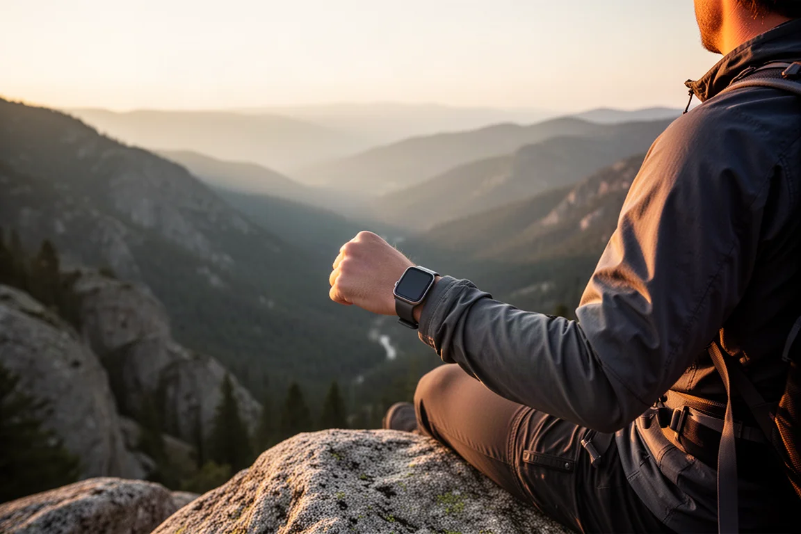 Hiker resting on a granite outcrop at golden hour with a smartwatch on the wrist