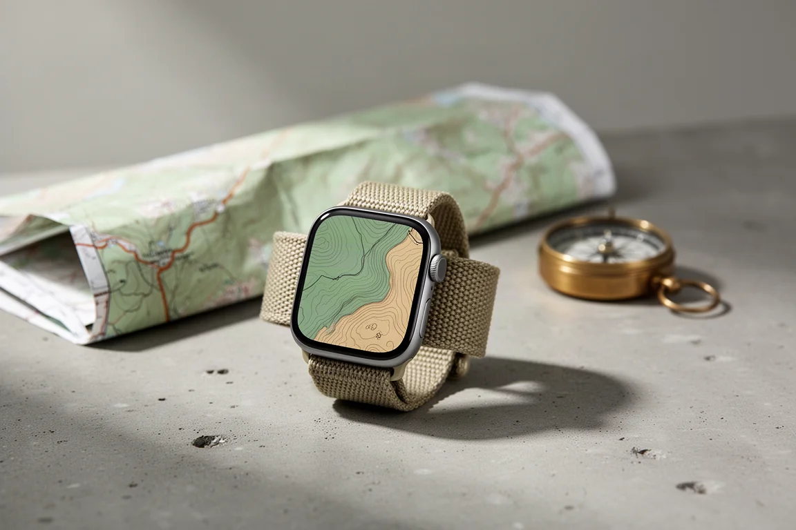 Smartwatch showing a topographic map beside a folded paper map and compass on concrete