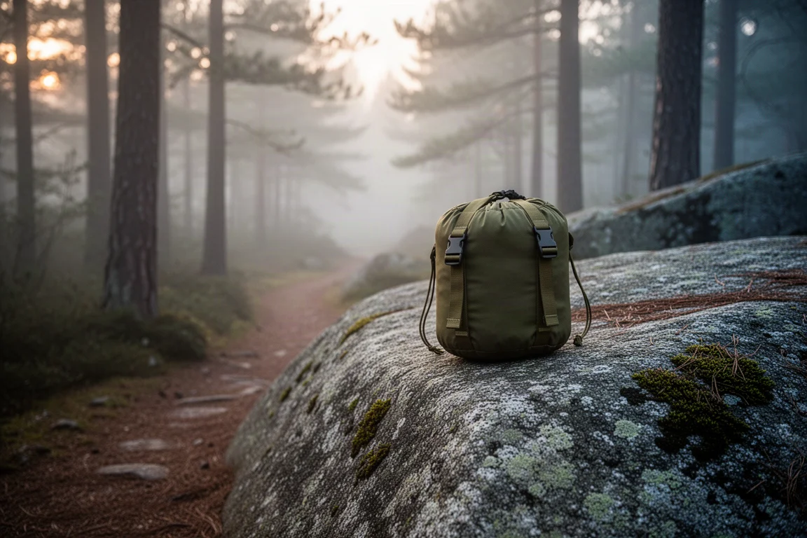 Compact olive green tarp stuff sack resting on a granite boulder beside a forest trail at dawn