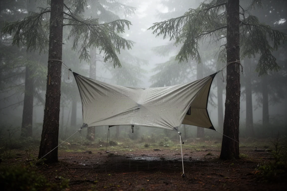 Low tarp pitched between trees in a misty forest with rain dripping from wet foliage