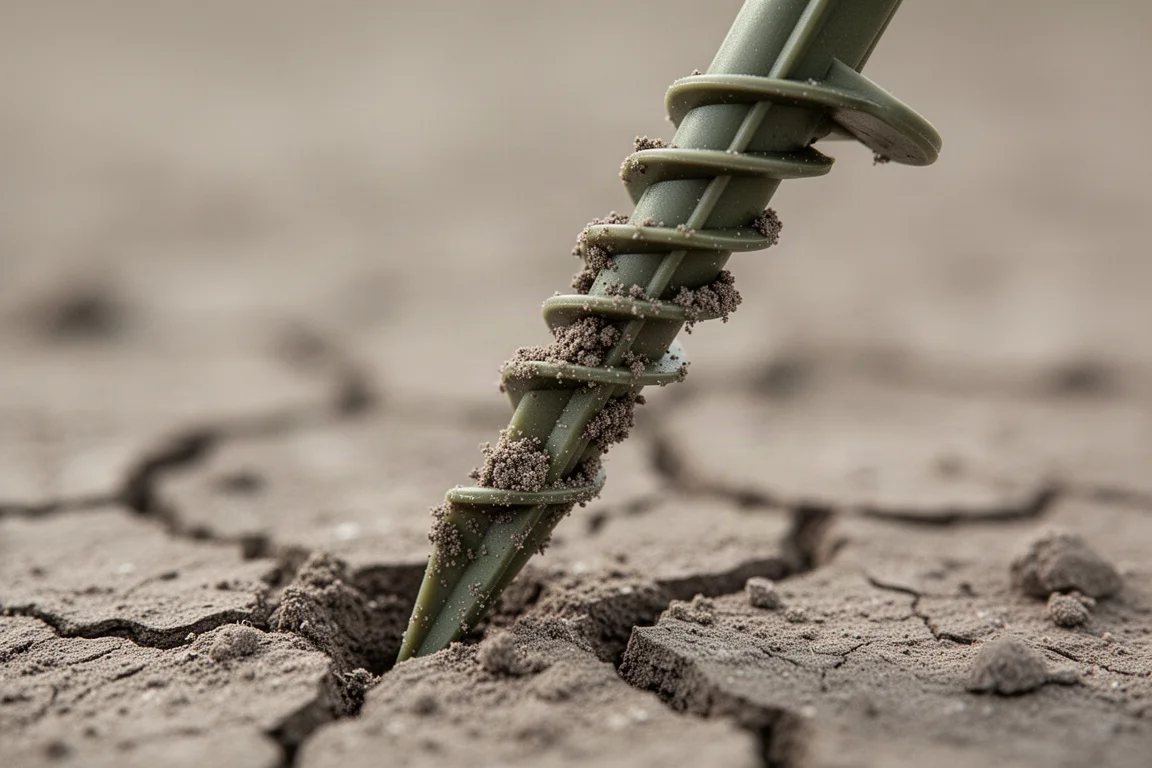 Close-up of a plastic spiral ground stake pressed into dry cracked soil