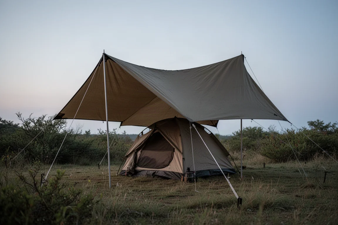 Large tarp ridge pitched over a campsite with a tent sheltered beneath at dusk