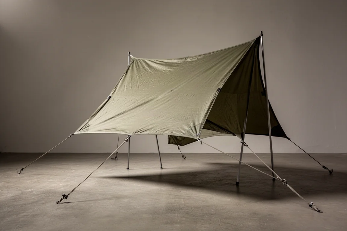 Lightweight olive green ripstop camping tarp pitched low between two poles on a neutral grey backdrop