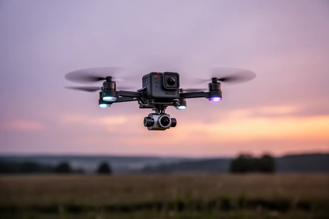 Cámara montada en un pequeño dron suspendido sobre un paisaje al atardecer