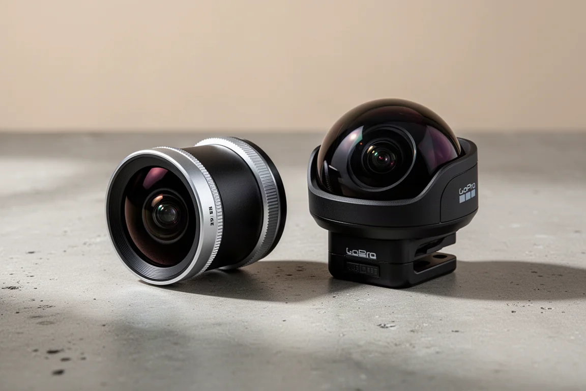 Due attacchi per lenti di action camera affiancati su una superficie di cemento