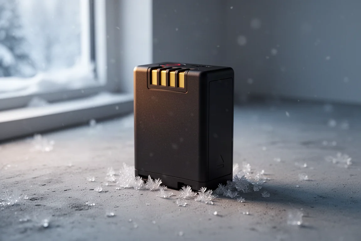 Compact black camera battery on a frosted concrete surface