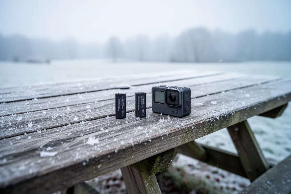 Dos pequeñas baterías de cámara y una cámara de acción sobre una mesa de picnic cubierta de nieve