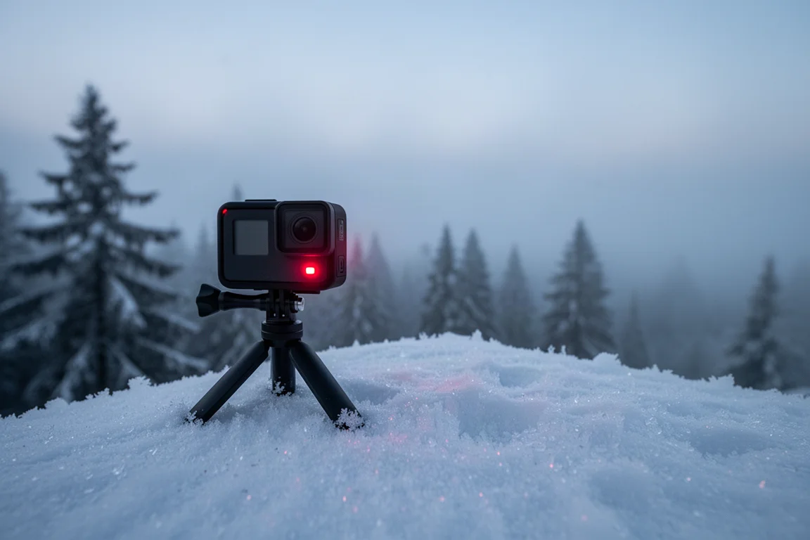 Cámara de acción grabando en una cresta nevada durante la hora azul