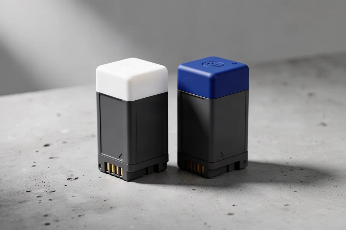 Two small action camera batteries with white and blue end caps on a concrete surface
