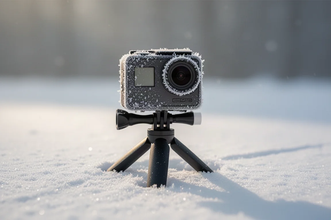 雪山のゲレンデでスキーヤーのヘルメットに取り付けられたアクションカメラ