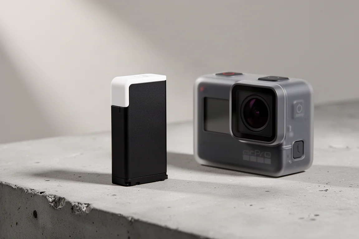 GoPro Enduro battery with a white end cap beside a small action camera on a frosty grey surface