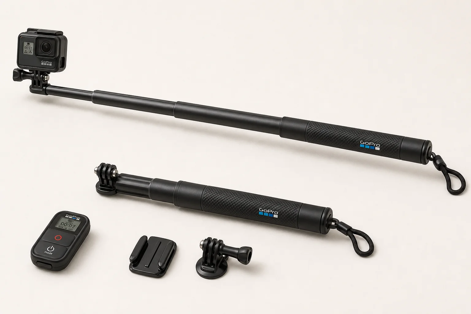Collection of GoPro accessories including backpack, extension pole, mounts, and floaty on concrete surface