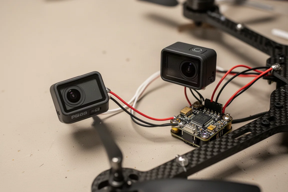 Kleine Actionkamera, mit einem dünnen Stromkabel an einen FPV-Flightcontroller angeschlossen