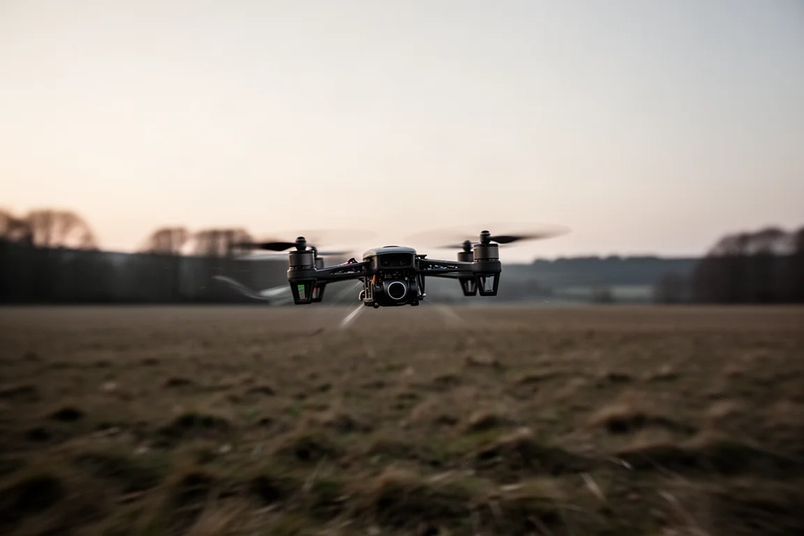 FPV-Drohne fliegt schnell über offene Landschaft, in Bewegung festgehalten