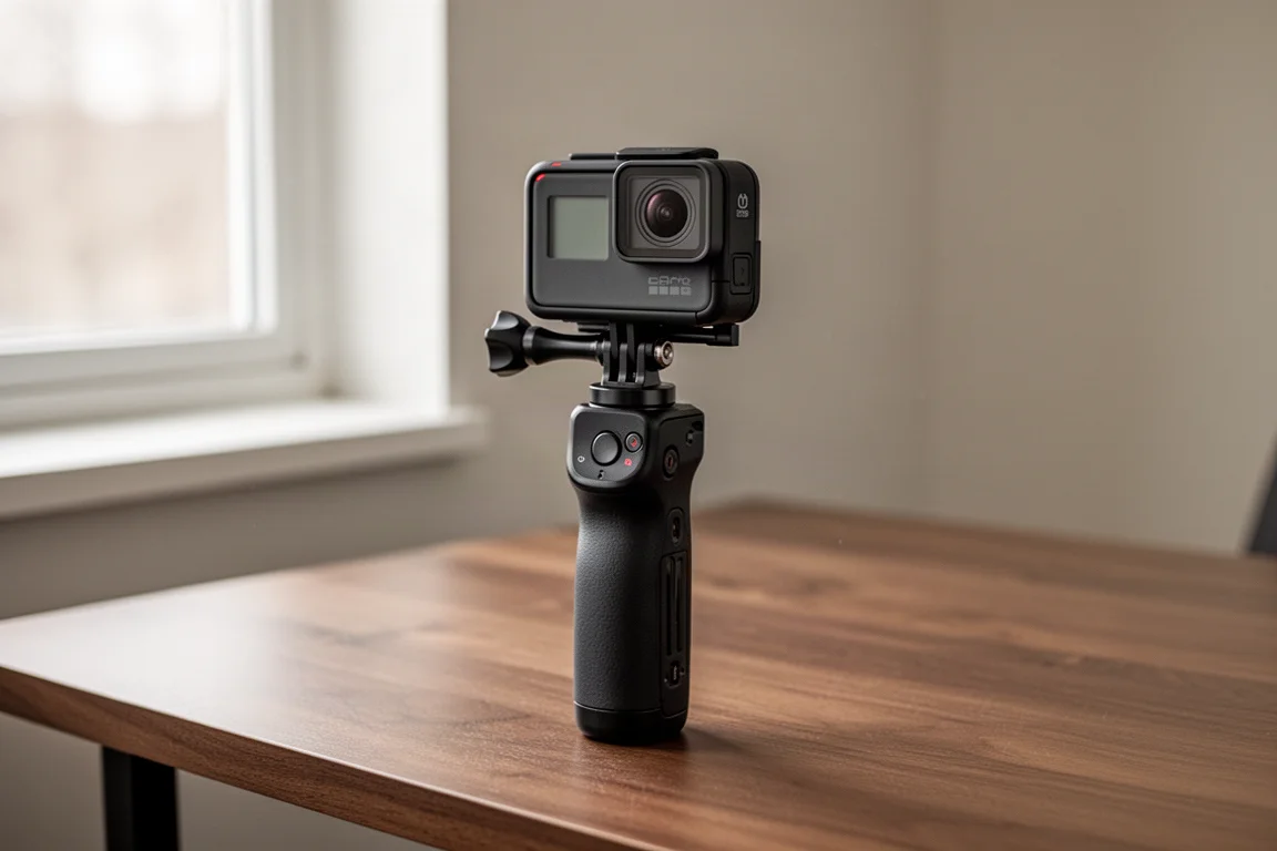 Handheld vlogging rig built around a compact action camera and battery grip