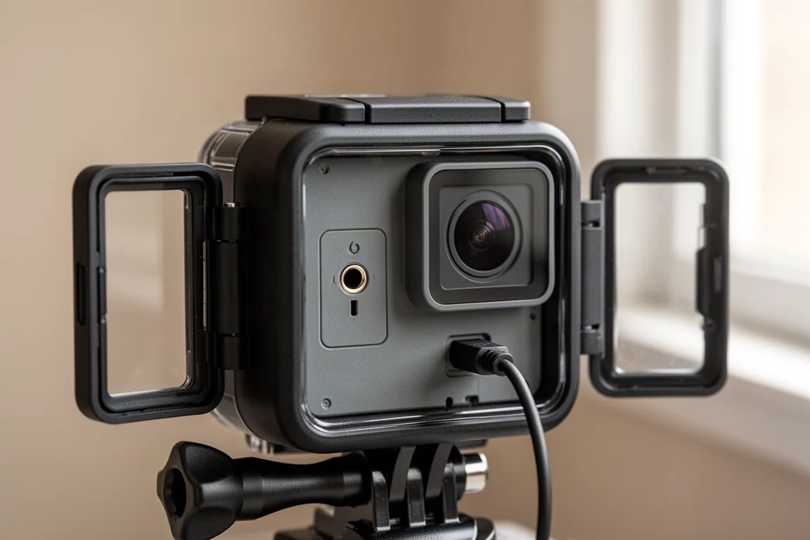 Close-up of an action camera housing with an external microphone port