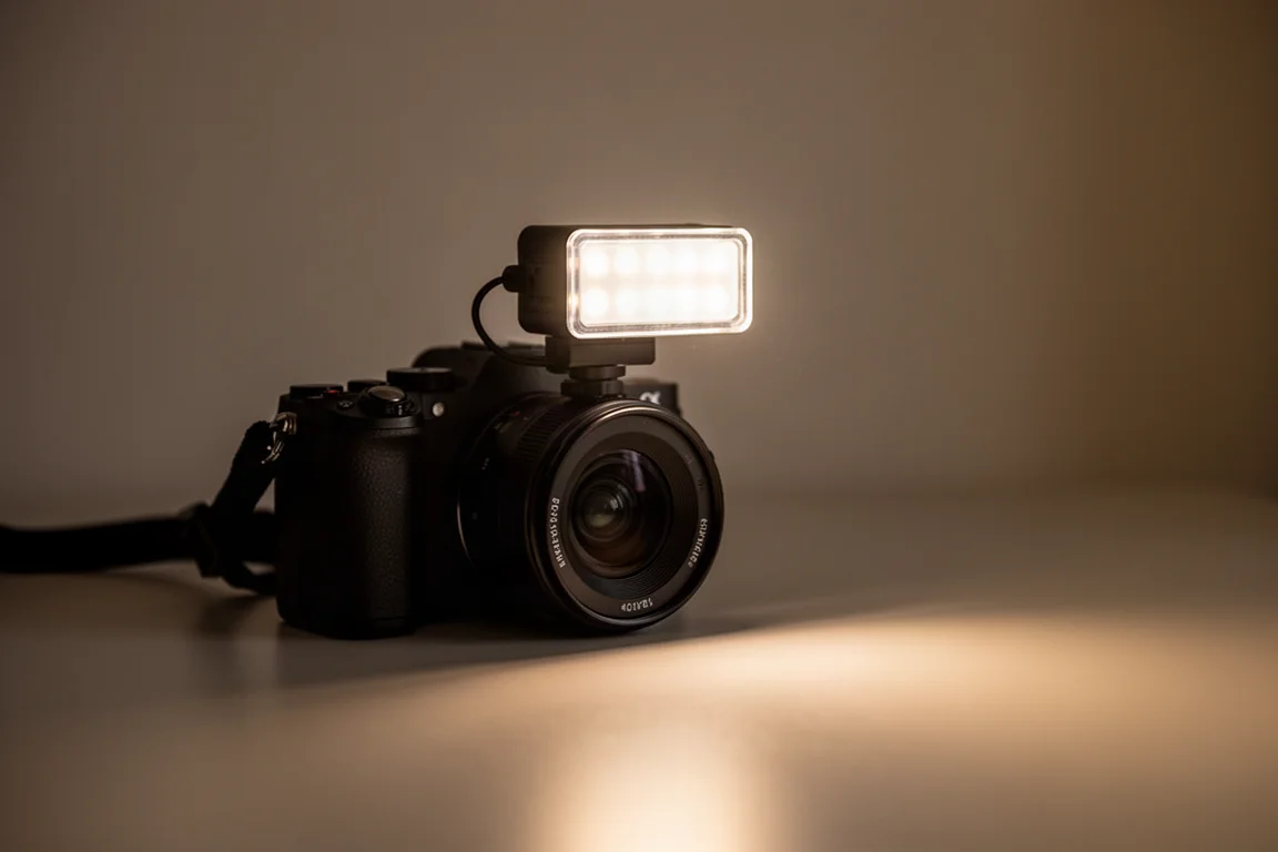 Small LED light mounted on a camera rig casting a soft short-range glow