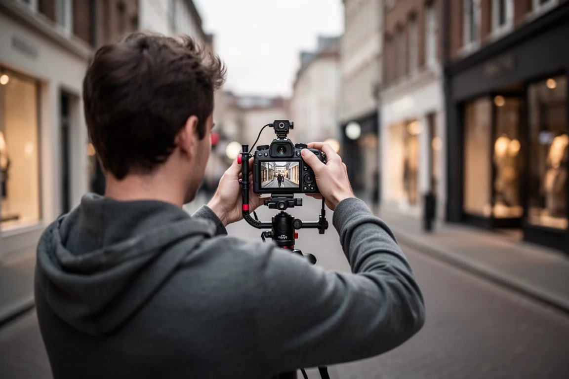 Vlogger filming handheld with a compact action camera rig in a city setting