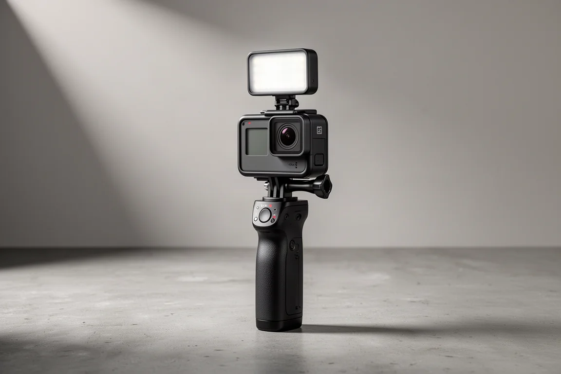 GoPro Hero 10 Creator Edition handheld vlogging rig with battery grip and light