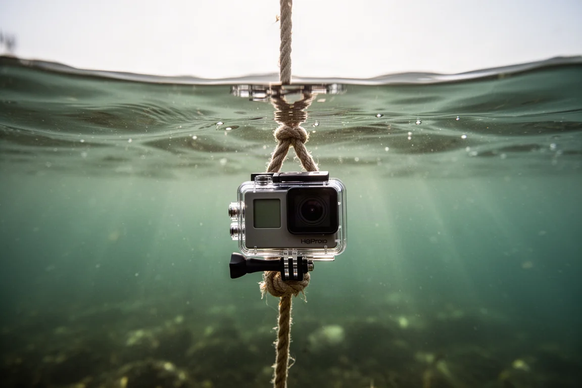 Câmera de ação lacrada em uma caixa estanque de mergulho submersa na água fria de um lago