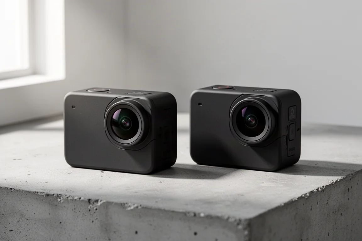 Two compact black action cameras side by side on a concrete surface