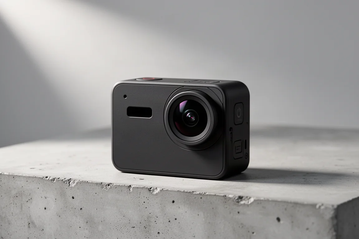 Compact black action camera with a large front lens resting on a matte concrete surface