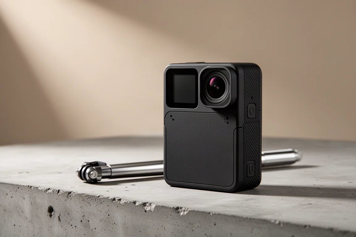 GoPro Hero 10 action camera standing on concrete next to a selfie stick