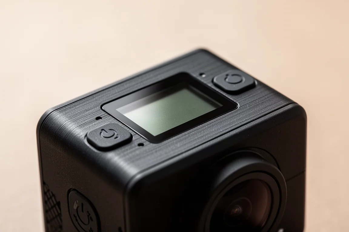 Close-up de um pequeno LCD de status superior exibindo o modo de gravação