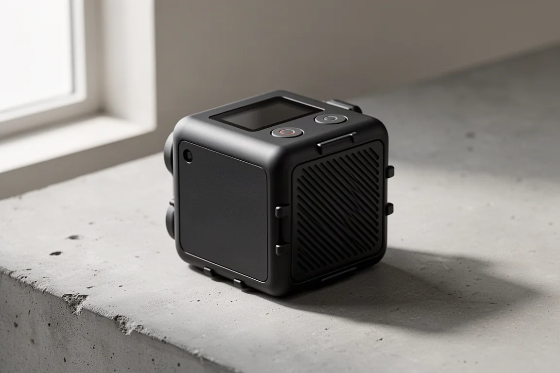 Action camera nera compatta a forma di cubo con LCD superiore e dissipatore posteriore su superficie di cemento