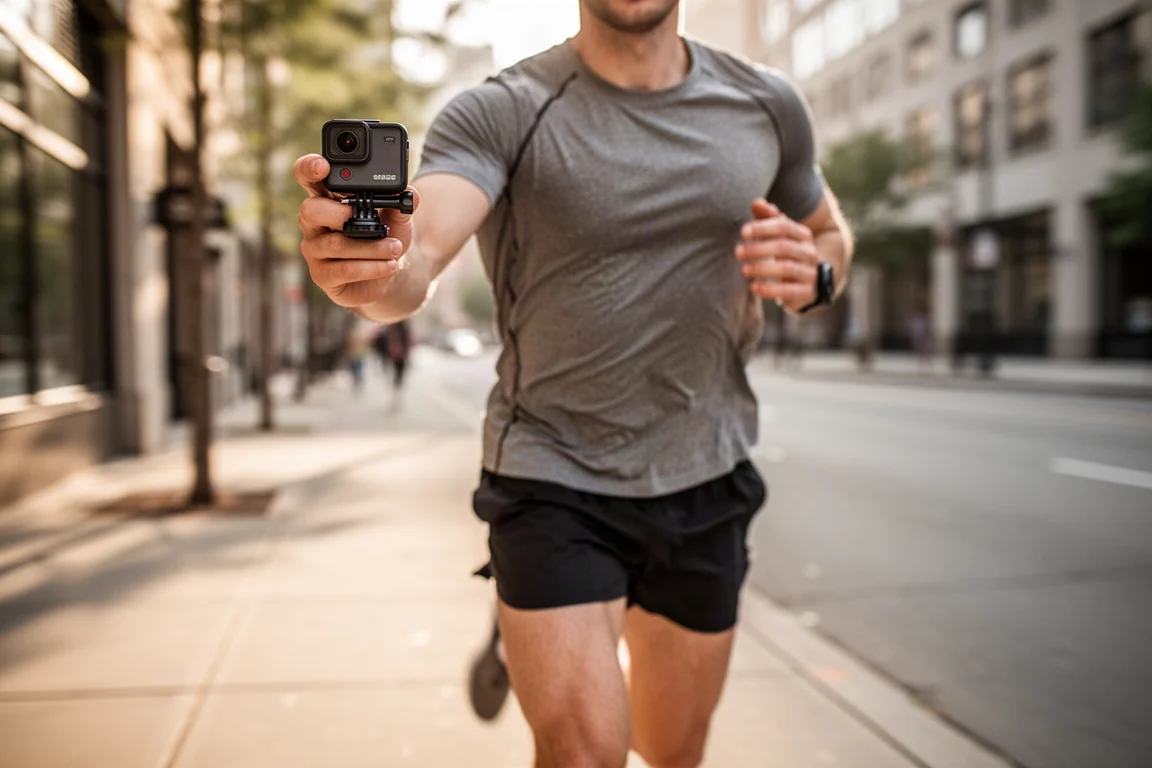 Person jogging along a city street while filming with a handheld camera