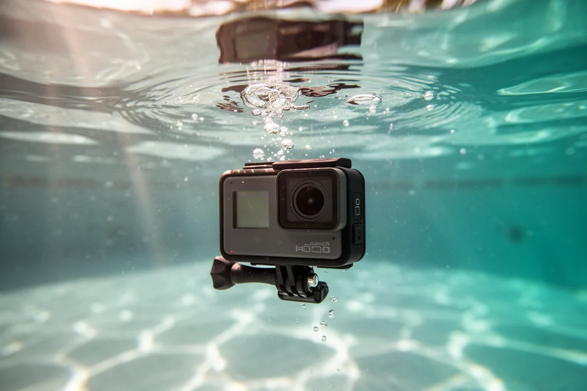 Action camera half submerged in clear pool water with light refractions