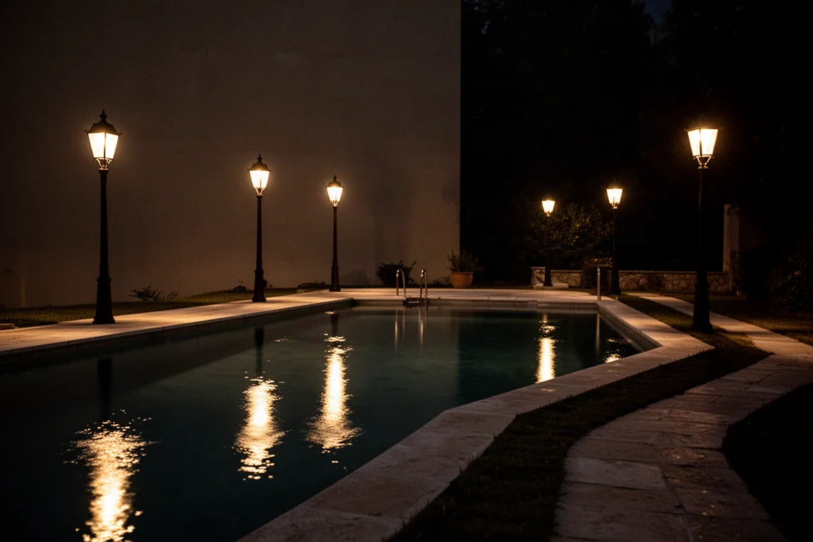 Night poolside scene lit by warm lamps with deep shadows between lights