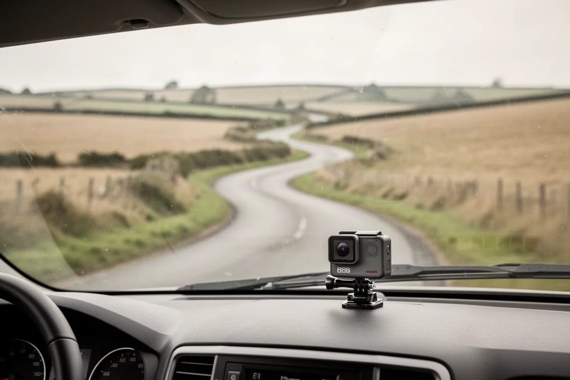 Action camera mounted on a car dashboard driving along a winding road