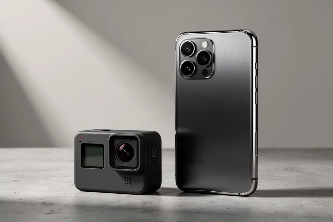 Action camera compatta e smartphone di fascia alta affiancati su calcestruzzo