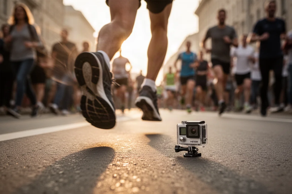 Coureur filmant ses chaussures avec une caméra d'action lors d'un marathon en pleine rue