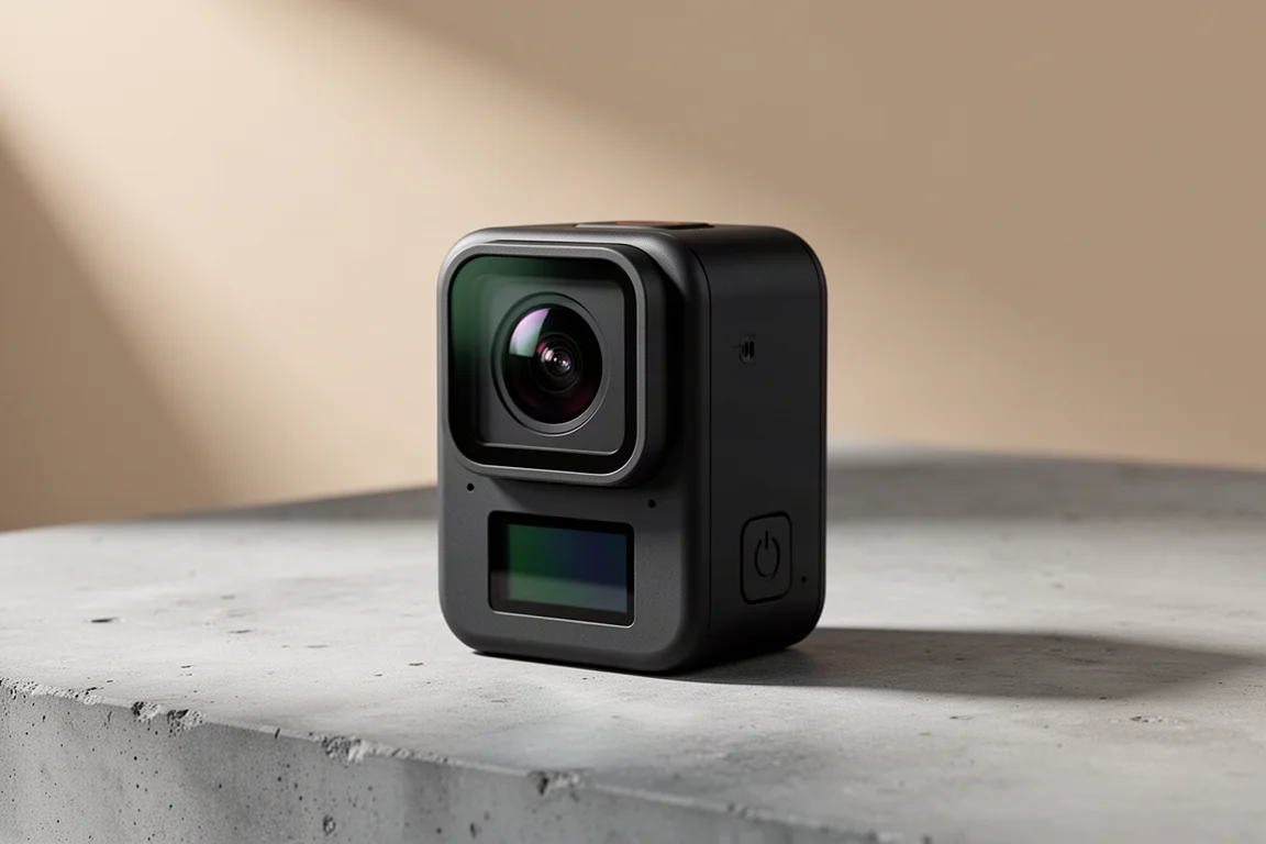 GoPro Hero 11 action camera standing upright on a matte concrete surface
