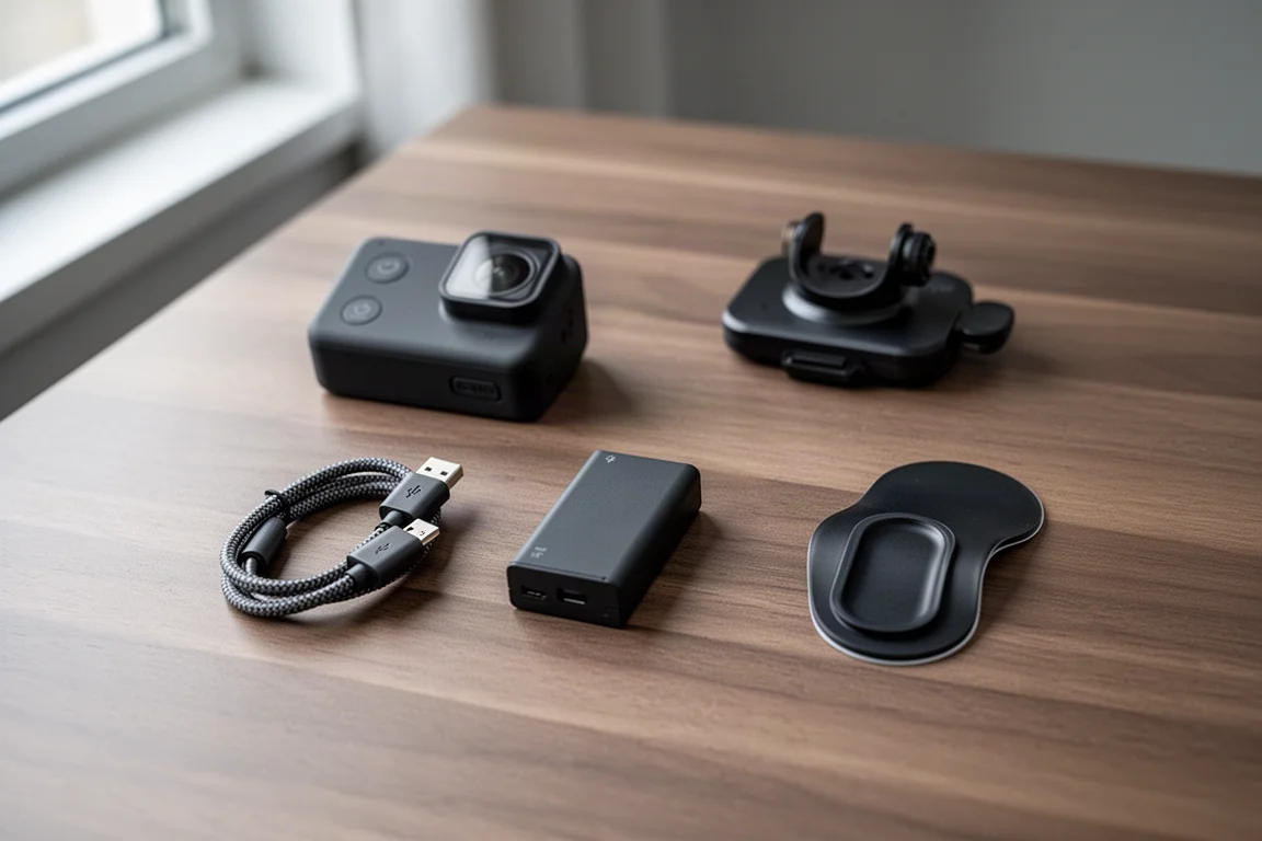 GoPro Hero 12 Black unboxed beside its Enduro battery, USB-C cable, and sticky mounts