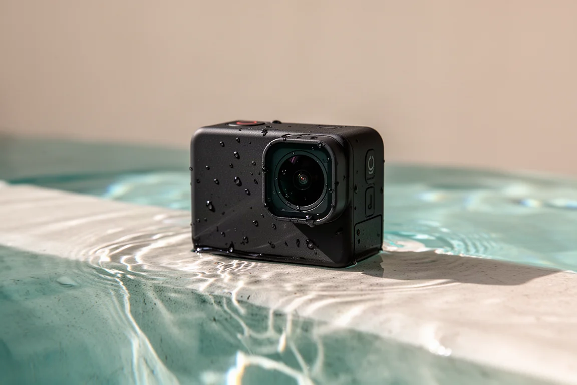 Action camera underwater in a pool with light rays through the water