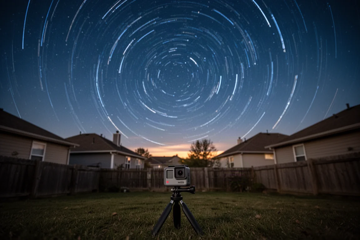 Time-lapse footage of star trails over a quiet backyard at night