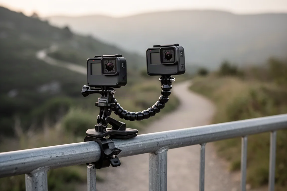 Action camera mounted on a clamp mount with a flexible gooseneck on a bike handlebar