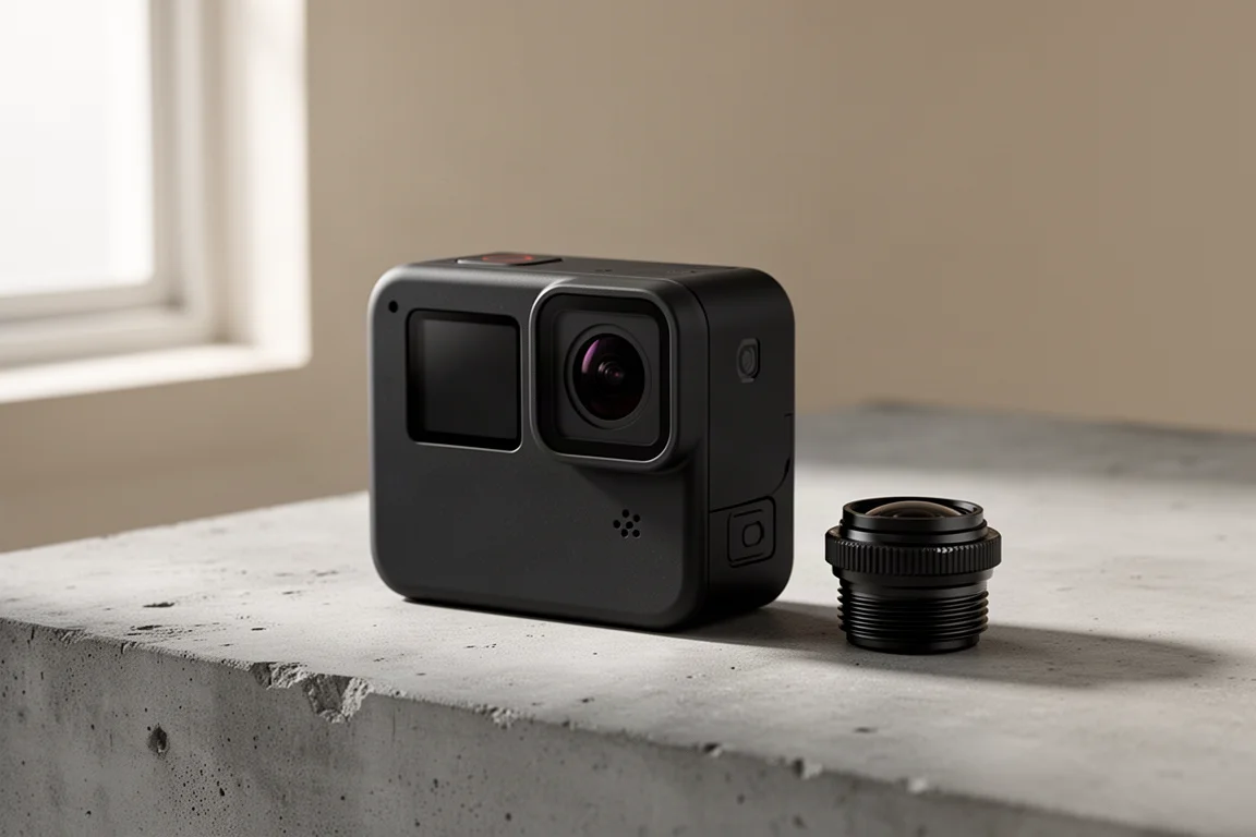 Fotocamera d'azione GoPro Hero 12 Black con attacco per obiettivo appoggiata su una superficie di cemento