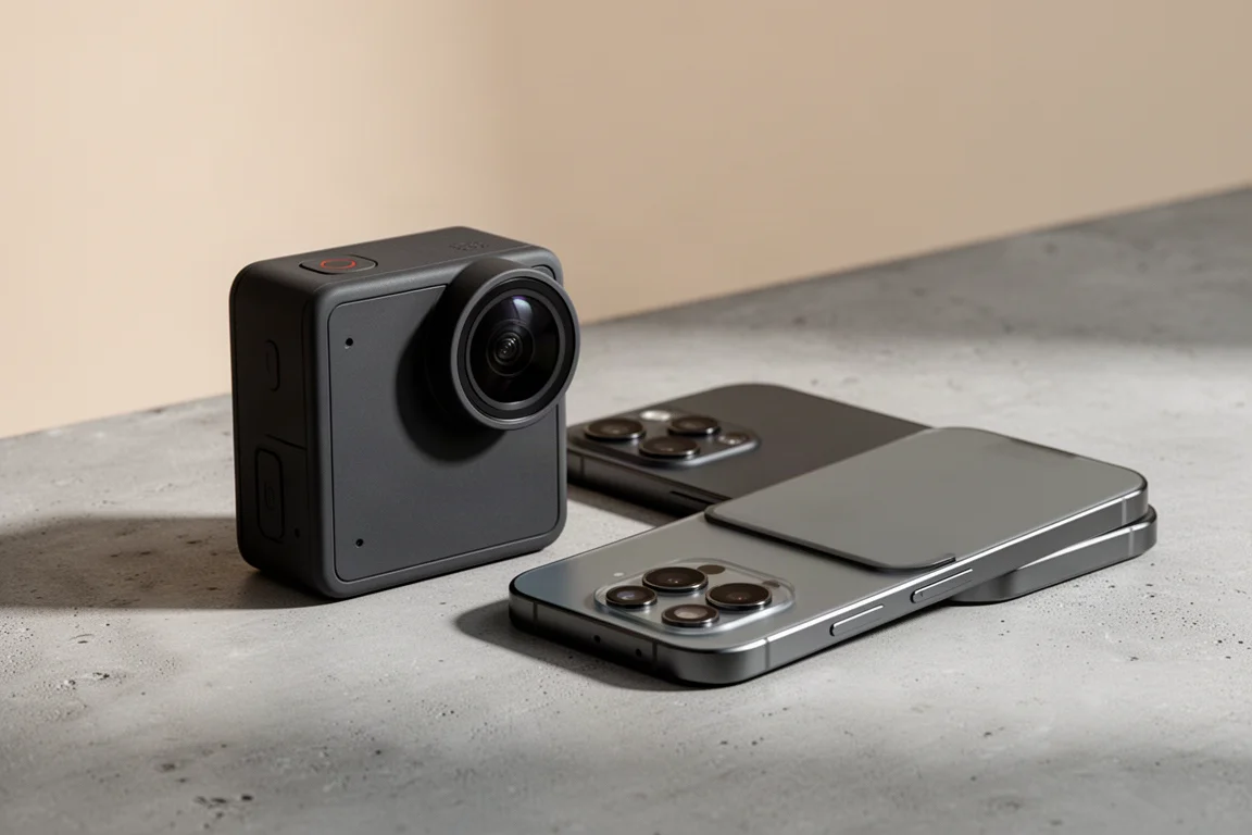 Action camera GoPro Hero 12 Black accanto a un iPhone 15 su una superficie in cemento