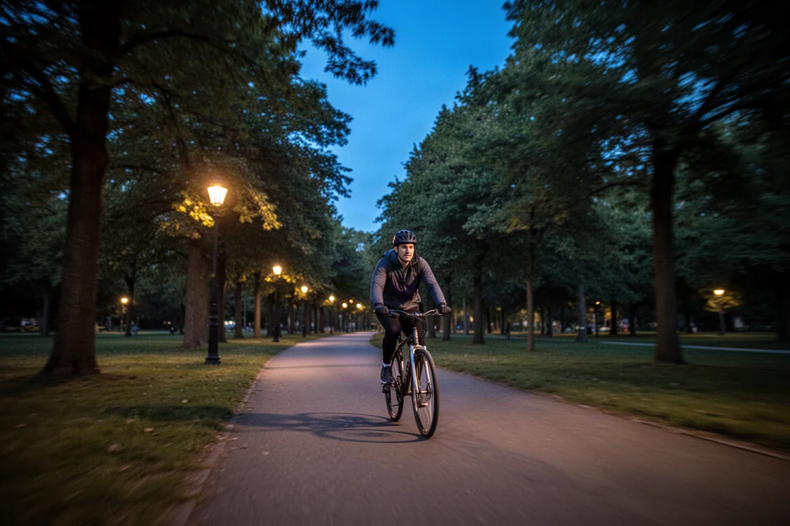 Cycliste traversant un parc à l'heure bleue avec des lumières urbaines douces au loin