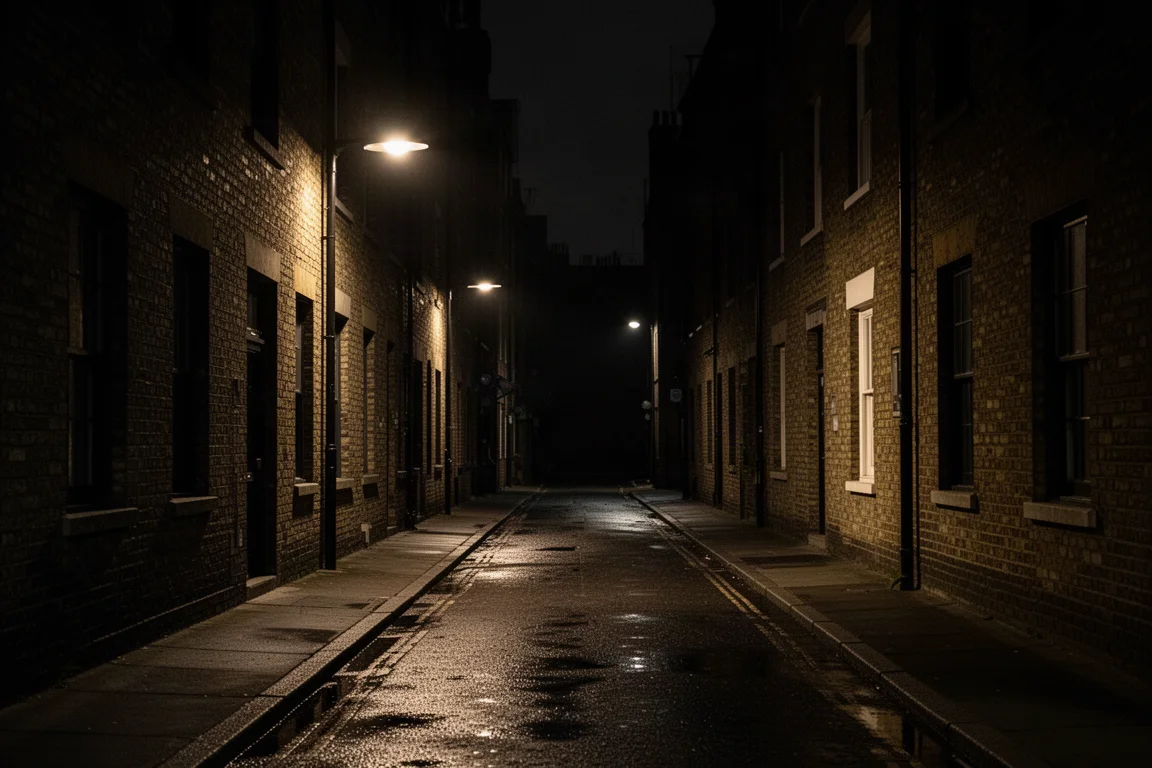 Rue sombre d'Amsterdam la nuit, éclairée par de rares lampadaires avec des reflets sur le trottoir mouillé